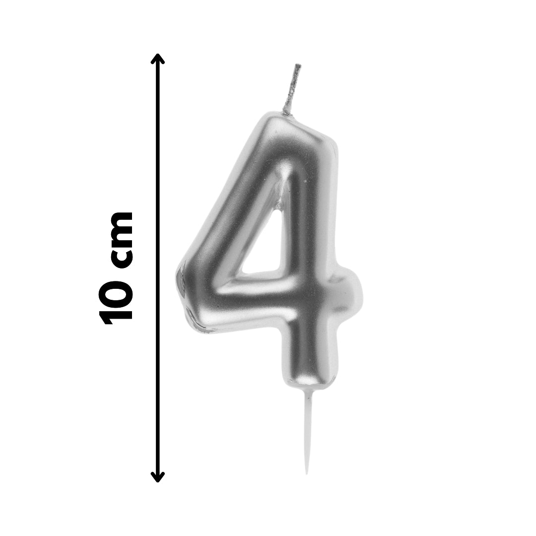 Vela número 4 plateada metálica moderna, perfecta para tortas y decoración de eventos