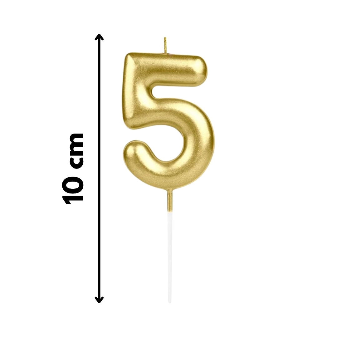Vela número 5 dorada metálica de 10 cm, diseño elegante para fiestas y eventos