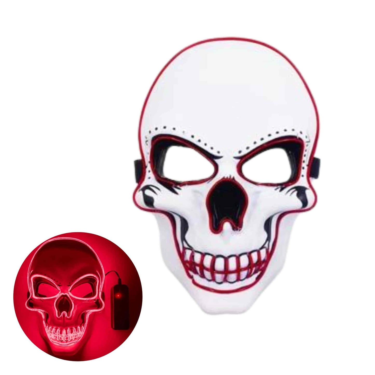 Máscara LED calavera LumiSkull Xtreme en color rojo neón, con diseño de luces brillantes ideal para Halloween