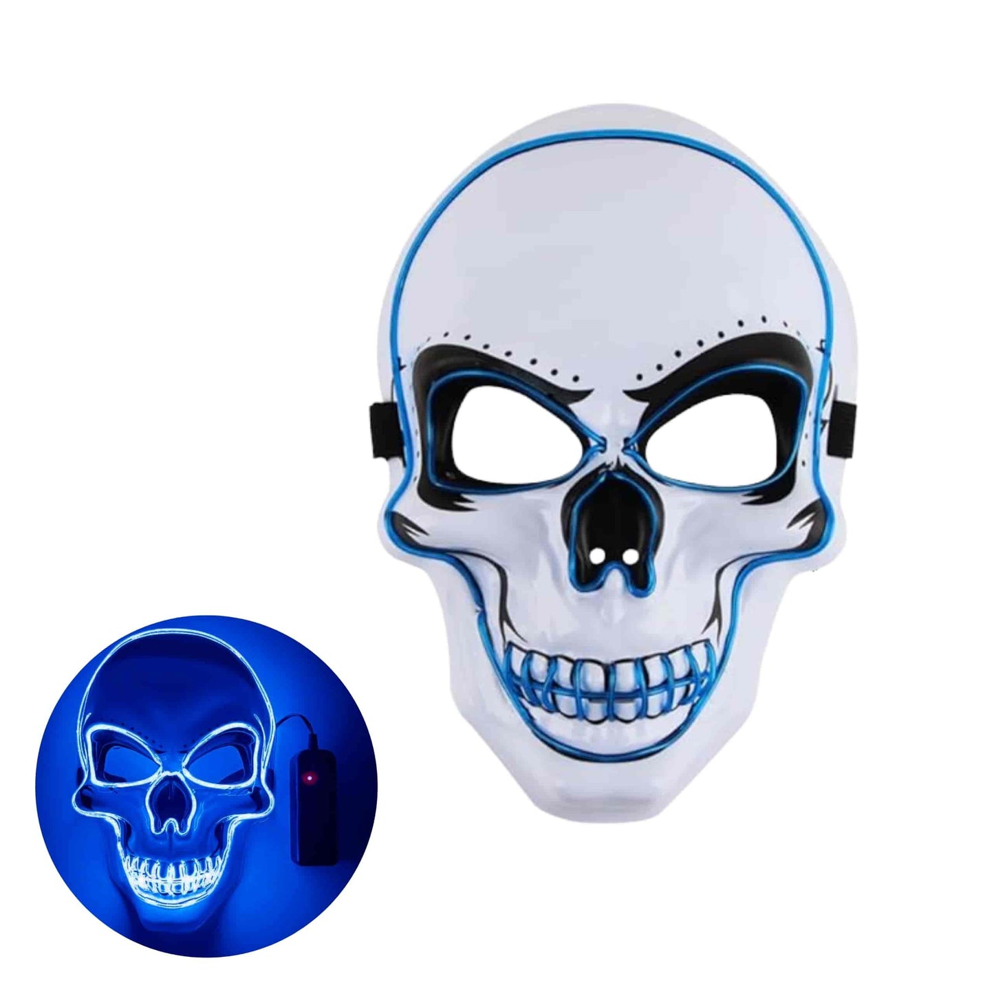 Máscara LED calavera LumiSkull Xtreme en azul eléctrico con efecto glow, diseñada para destacar en raves