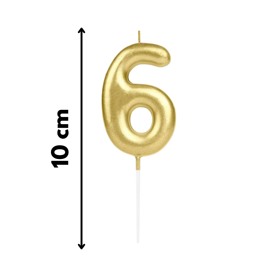 Vela número 6 dorada metálica brillante, ideal para decoración de tortas temáticas