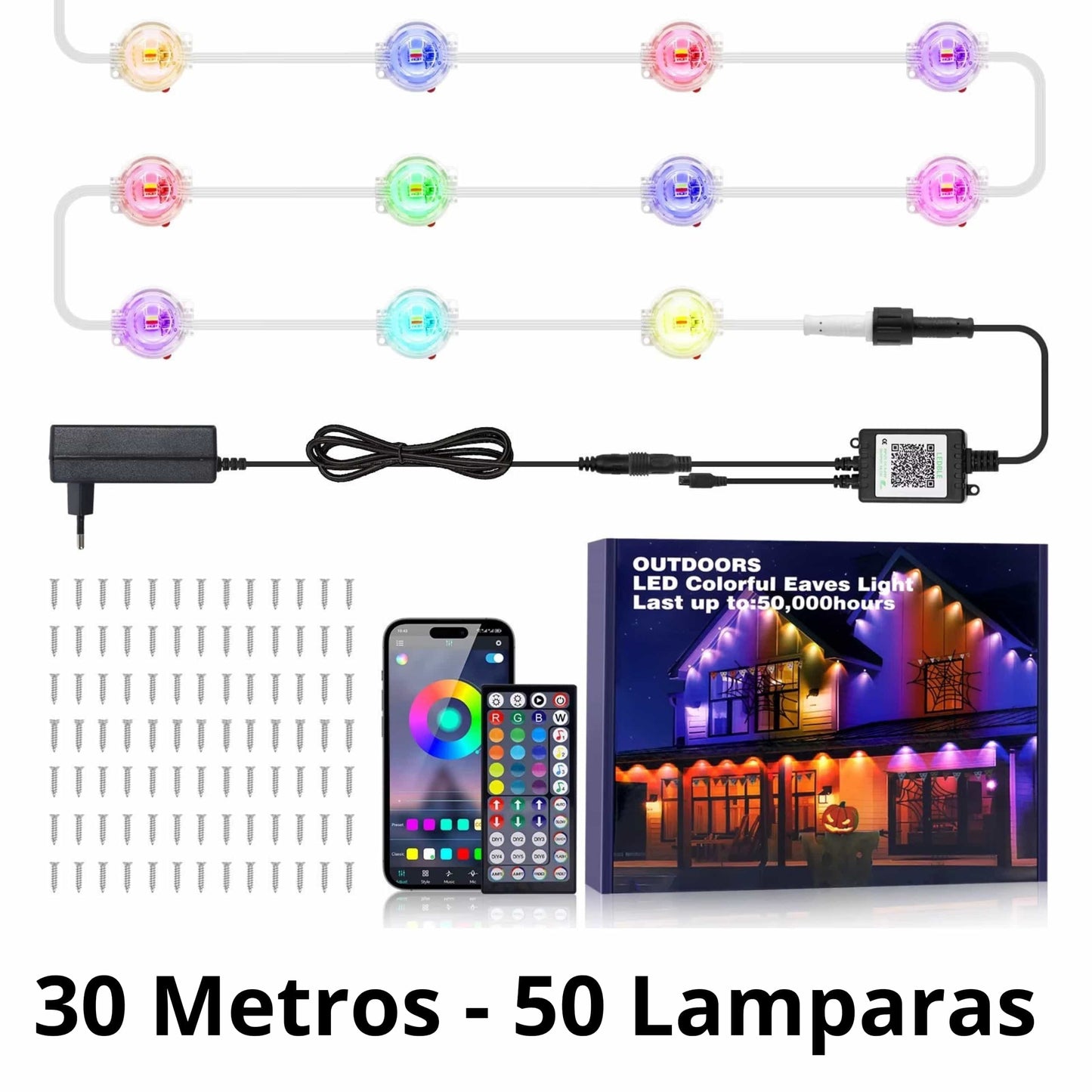 Guirnalda de 30 m (50 lámparas) colgada en pérgola iluminada