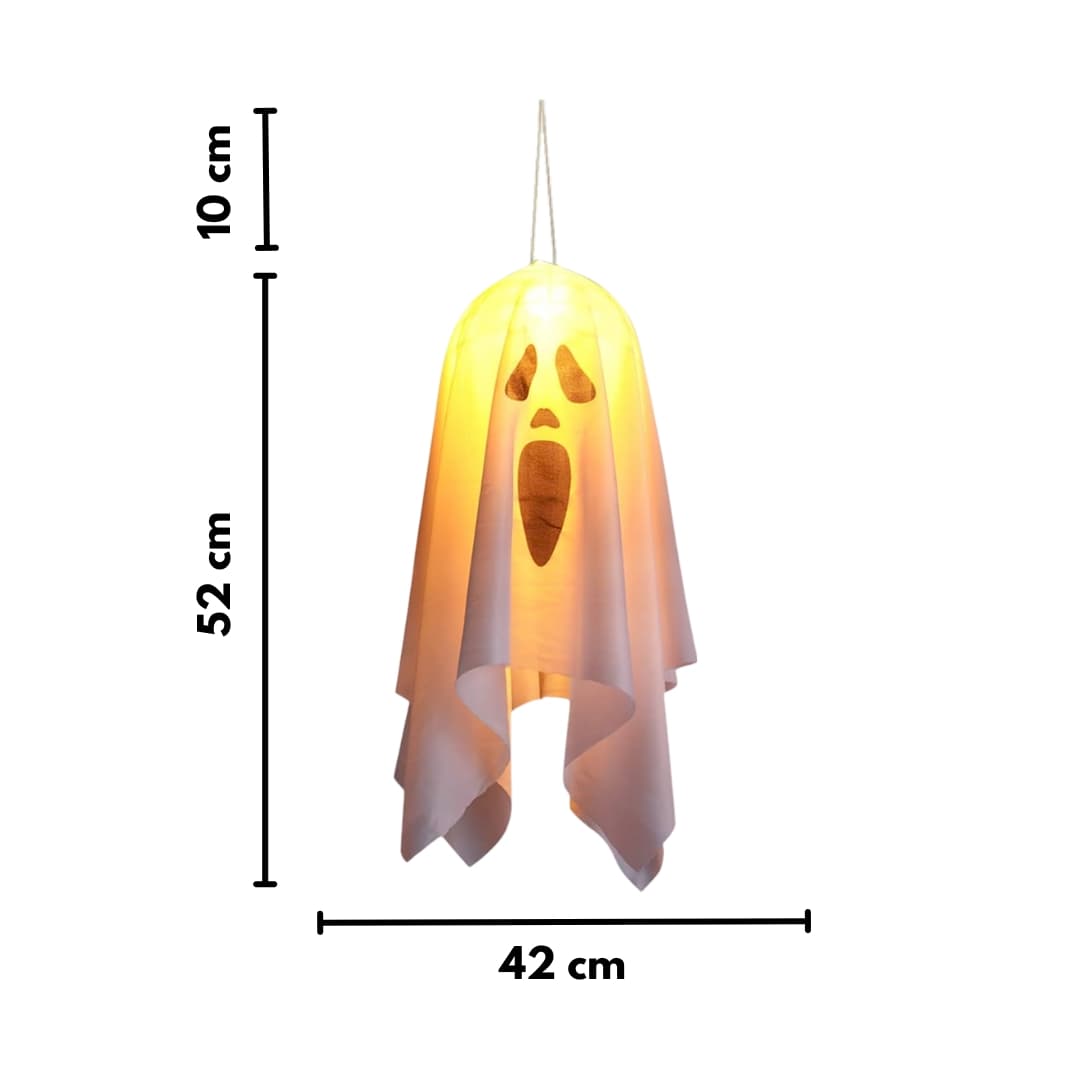 Linterna fantasma blanca junto a calabazas para ambientación Halloween