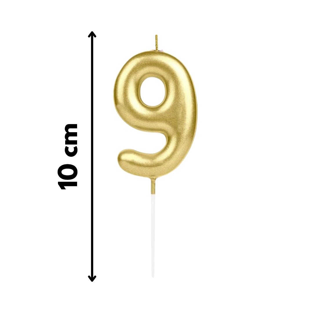 Vela número 9 dorada metálica reutilizable, perfecta para cumpleaños y eventos corporativos