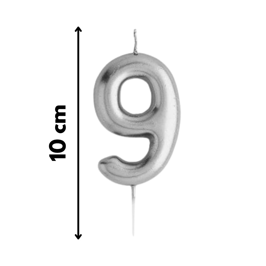 Vela número 9 metálica plateada decorativa, perfecta para fiestas y cumpleaños
