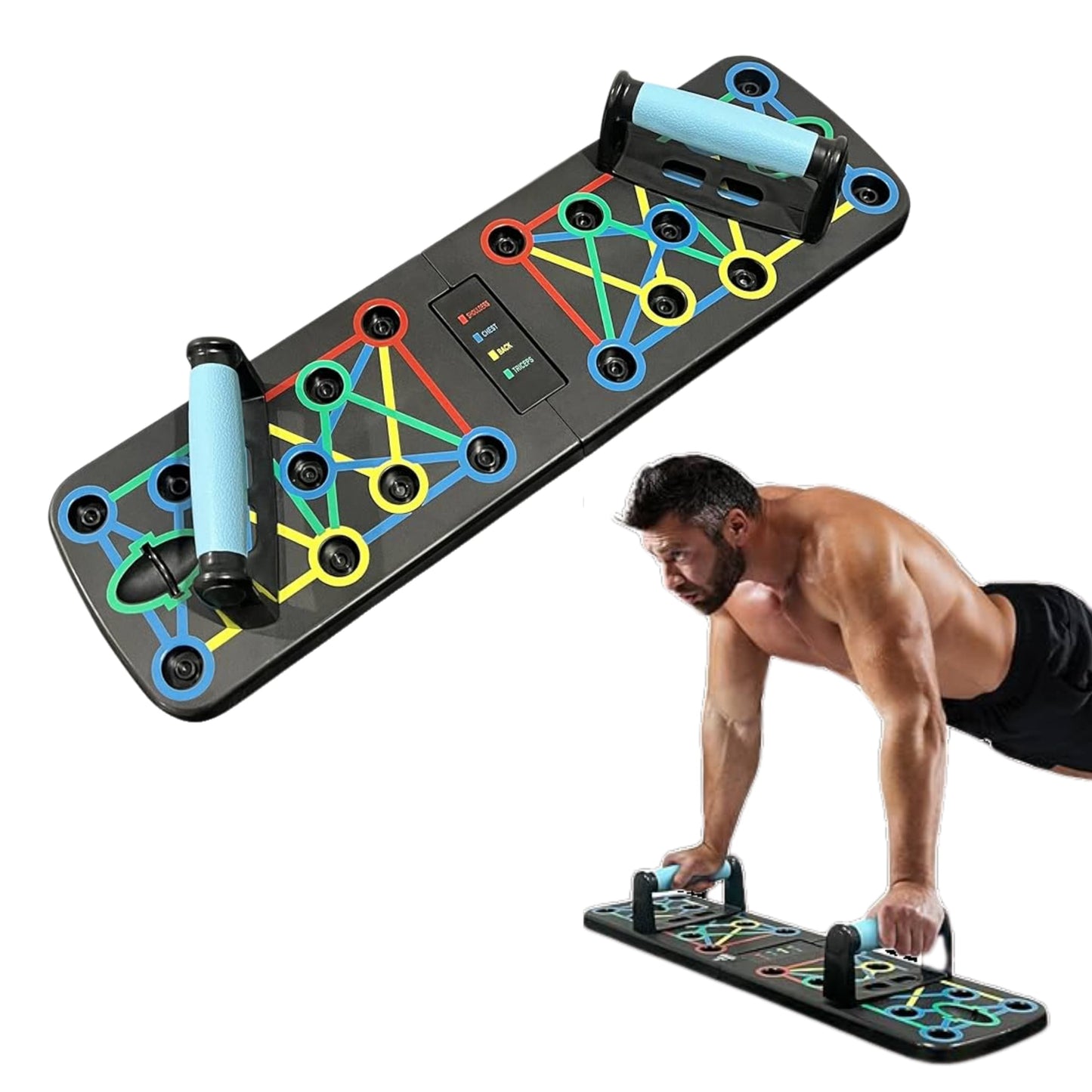 Vista completa de la tabla push-up board con diferentes colores marcando zonas de ejercicio.