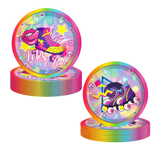 Platos biodegradables Let's Roll de 24 cm Y 18 CM, diseño de patines coloridos para fiestas retro