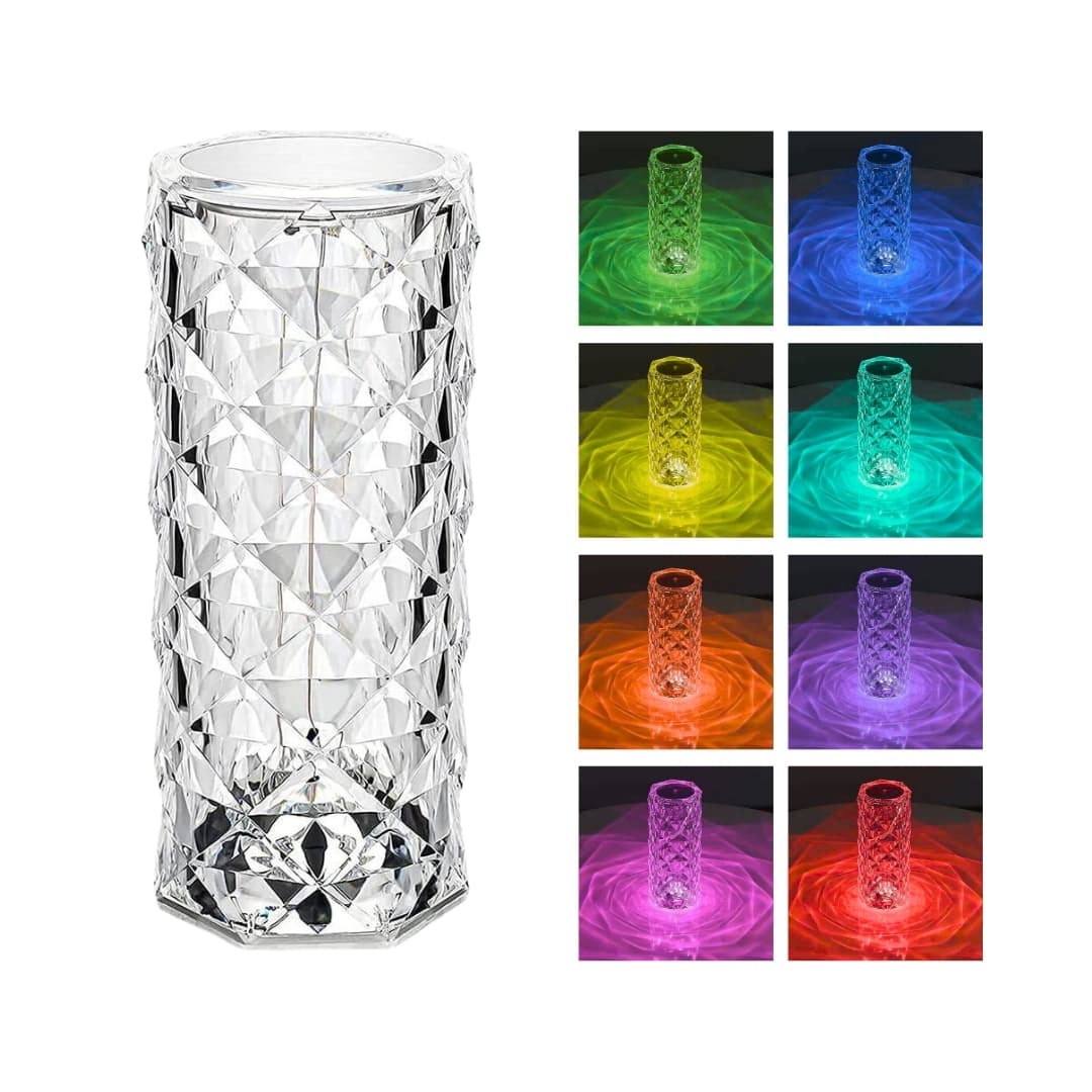 Lámpara diamante LED RGB emitiendo destellos multicolor en salón moderno