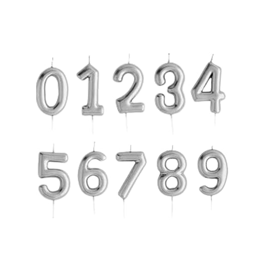 velas números 0 al 9 en color plateado metálico, presentación en caja
