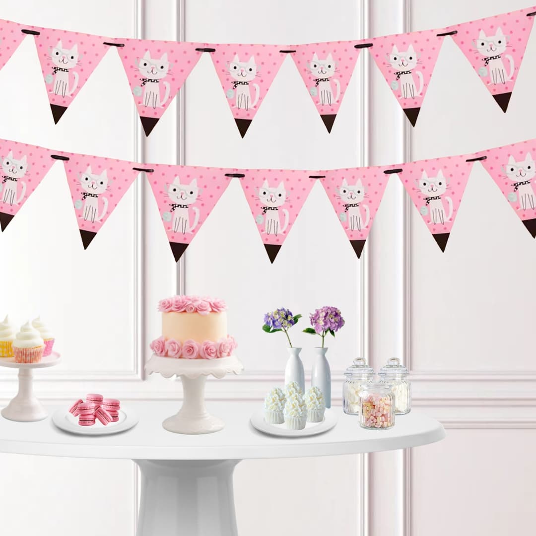 Guirnalda de gatitos rosa pastel de 3 m con 10–12 banderines para decoración kawaii