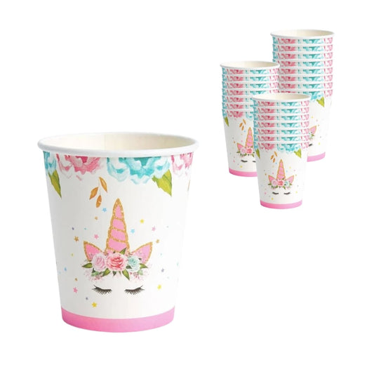 Vasos unicornio de cartón 250 ml con diseño pastel, pack de 12 para fiestas infantiles