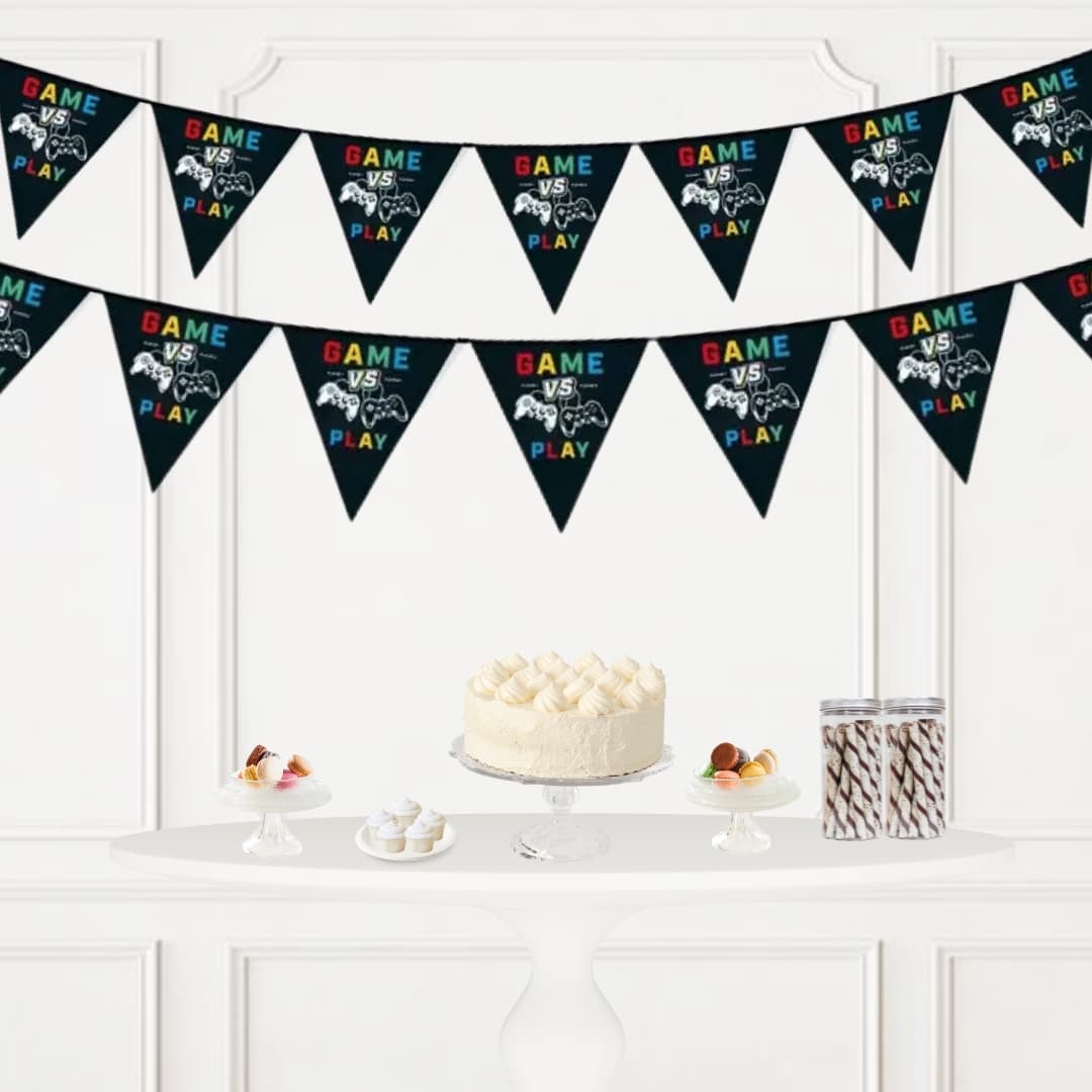 Guirnalda gamer 3 m con 12 banderines 'GAME VS PLAY', decoración para fiestas temáticas