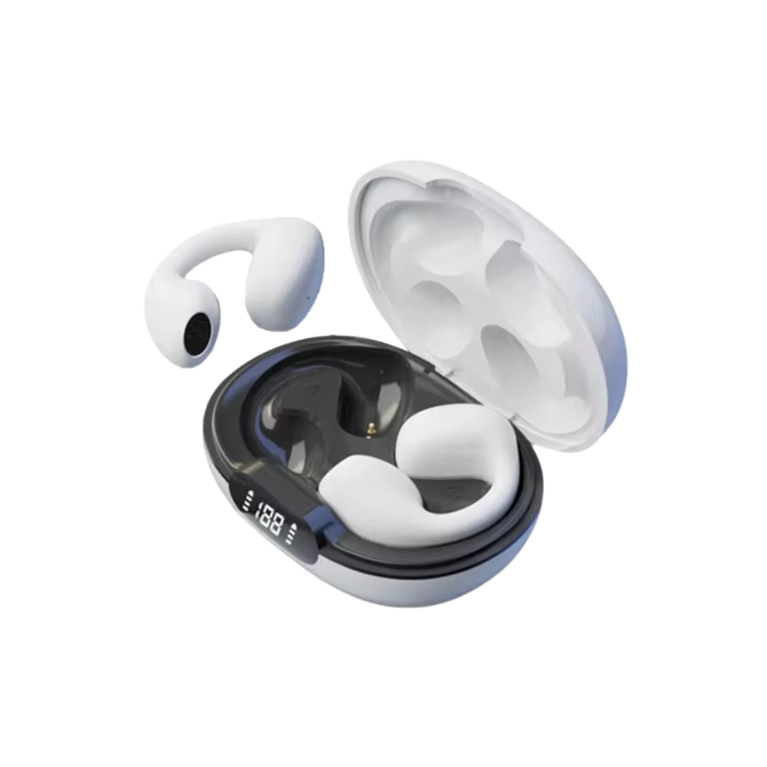 Vista lateral de auricular open‑ear con diadema flexible y ligera
