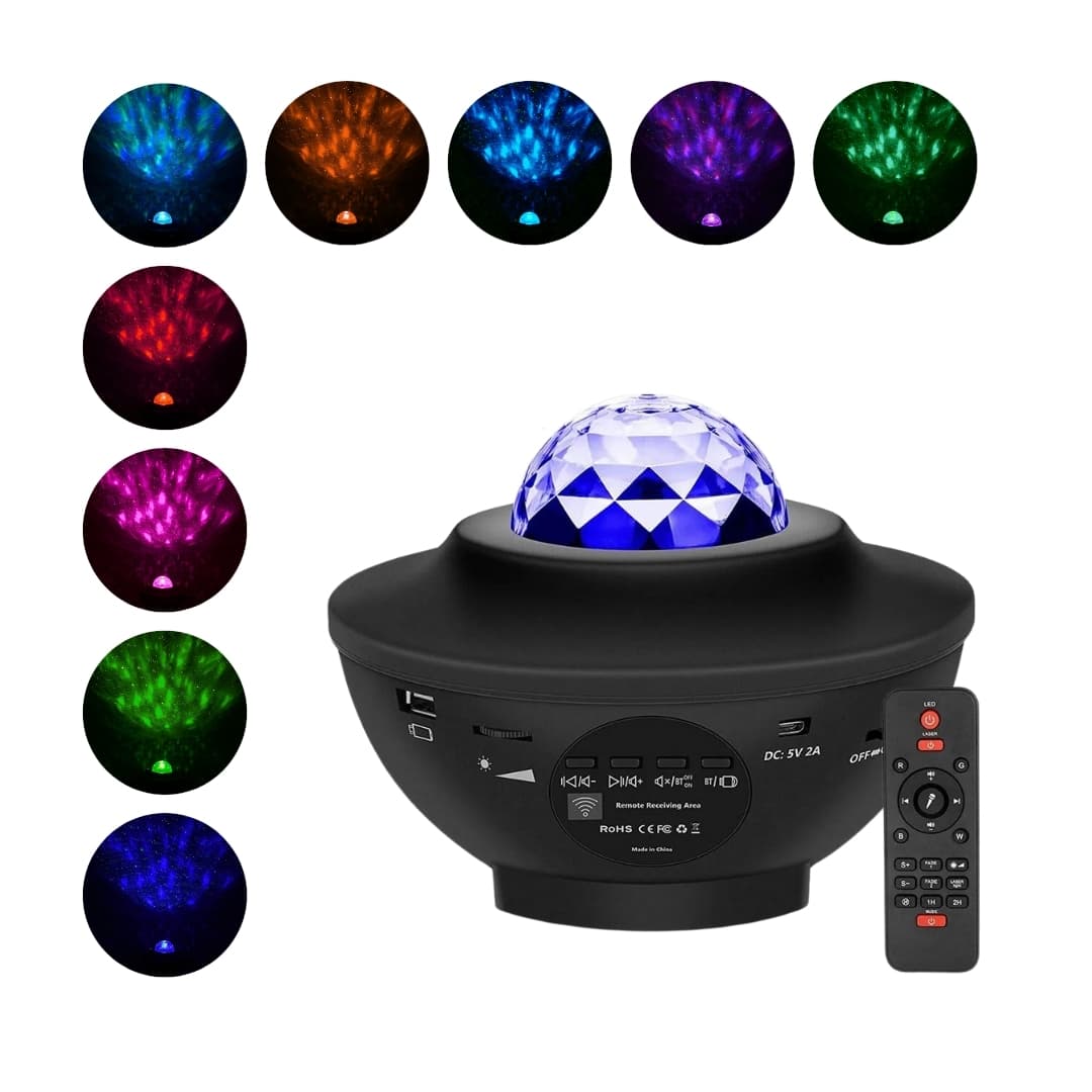 Proyector galaxia LED creando cielo estrellado multicolor en dormitorio