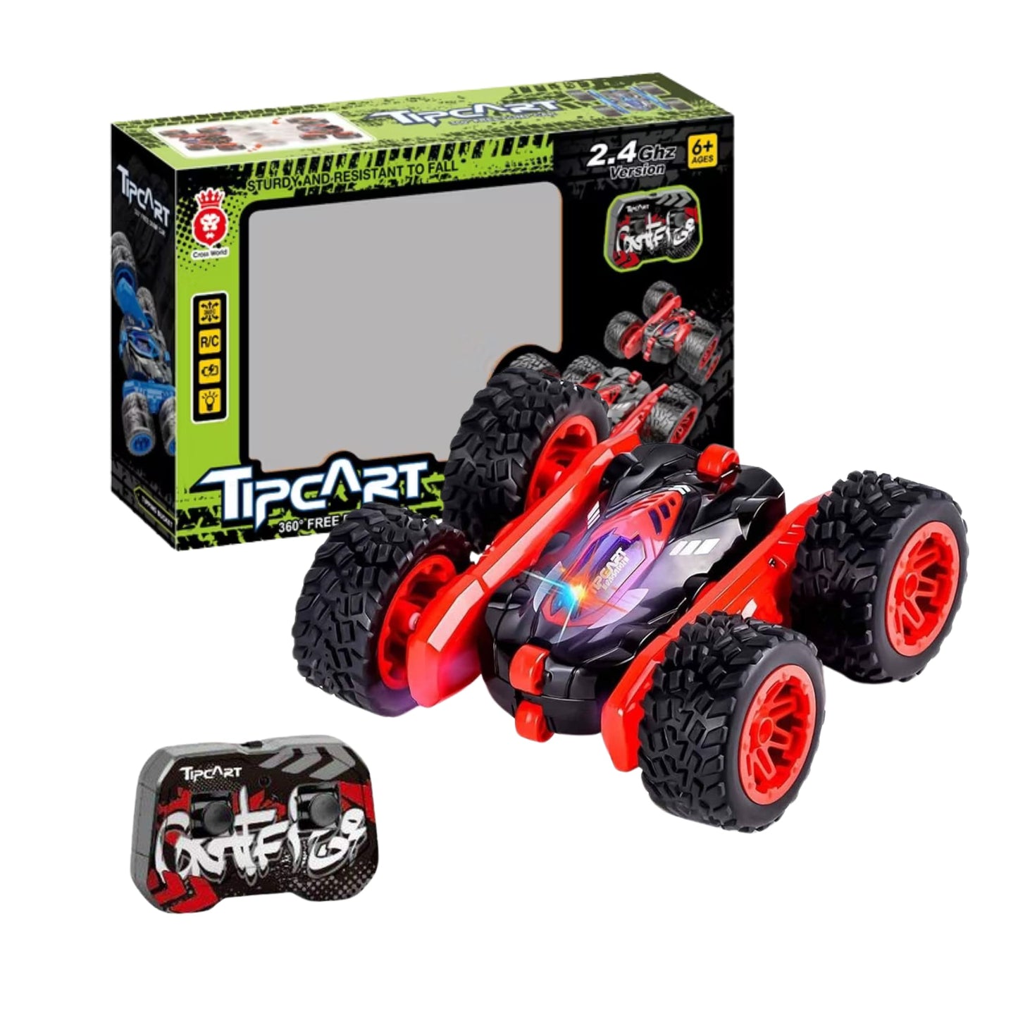 Coche RC Tipcart 360° giratorio, carrocería robusta y luces LED encendidas