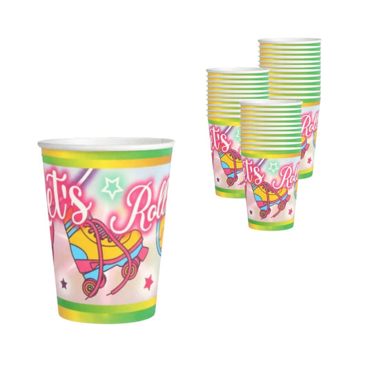 Vasos Let's Roll de papel reciclable con diseño retro de patines y casetes, pack de 12