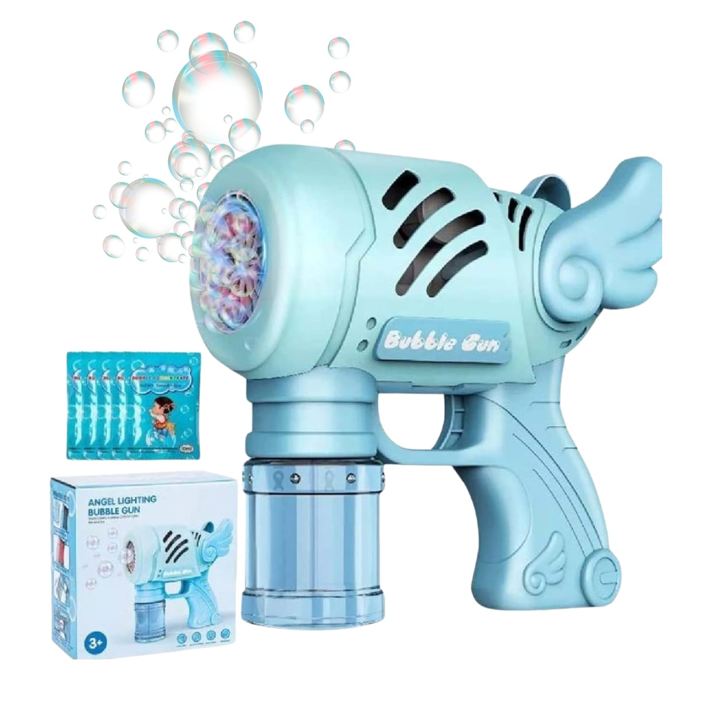 Pistola de burbujas con diseño de ángel en color pastel, disparando burbujas al aire.