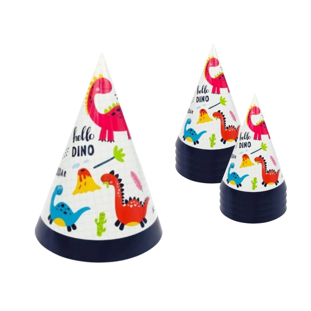 Sombreros Hello Dino de cartón ecológico con diseño de dinosaurios, pack de 12