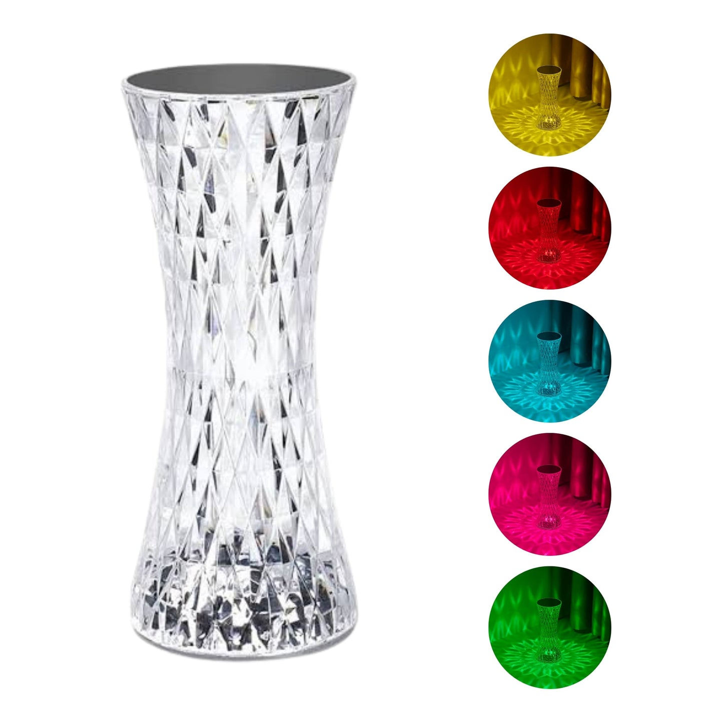 Lámpara de mesa LED recargable encendida, luz cálida sobre escritorio de madera.