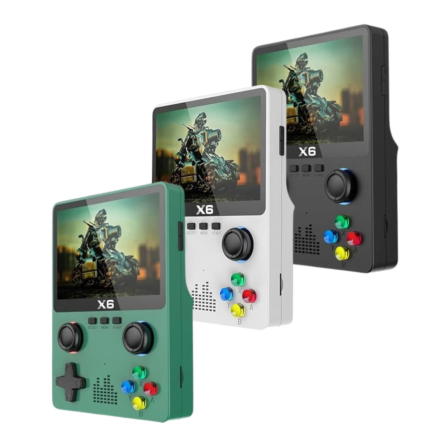 Consola portátil X6 en mano mostrando su pantalla a color de 4,3