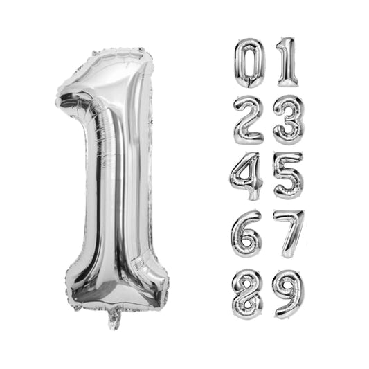 globos metálicos plateados números 0 al 9 para decorar cumpleaños y eventos