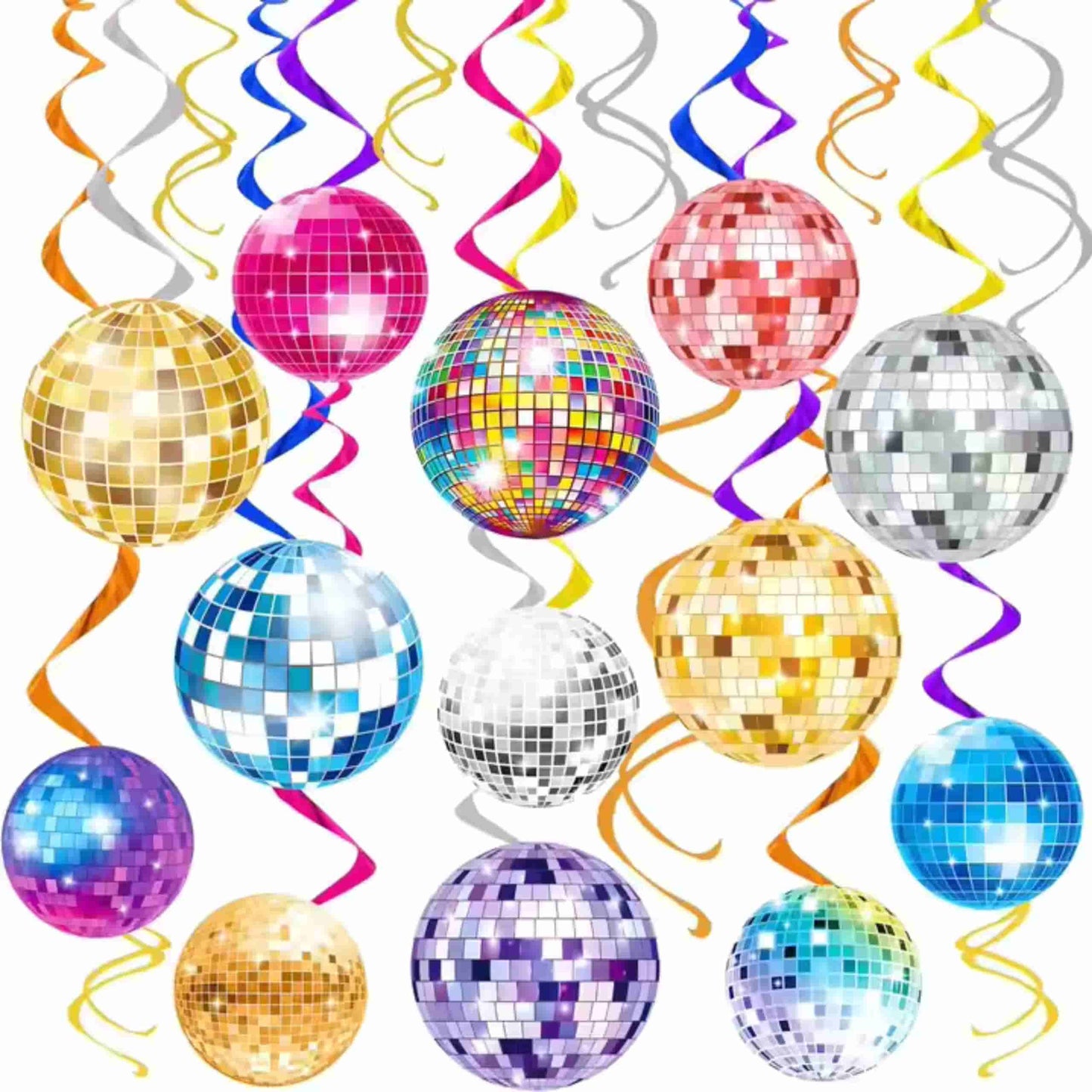 Empaque del kit de decoración disco, mostrando la variedad de elementos incluidos para una fiesta temática completa