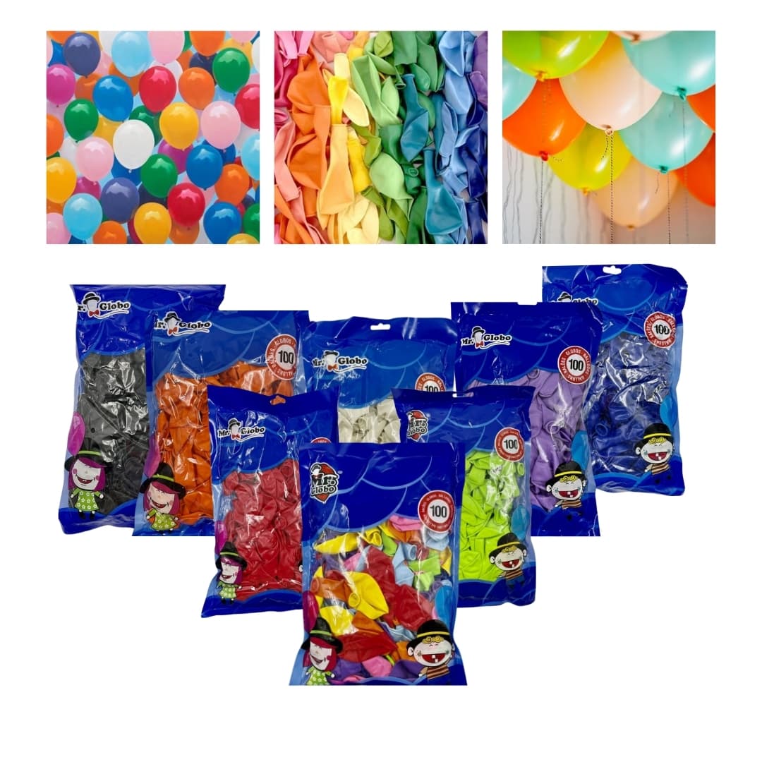 Pack de 100 globos biodegradables Mr. Globo de 30 cm en colores intensos y variados