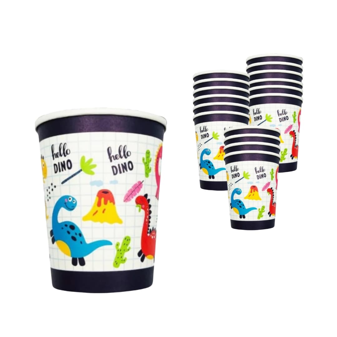 Vasos Hello Dino de cartón ecológico 250 ml con diseño multicolor de dinosaurios, pack de 12