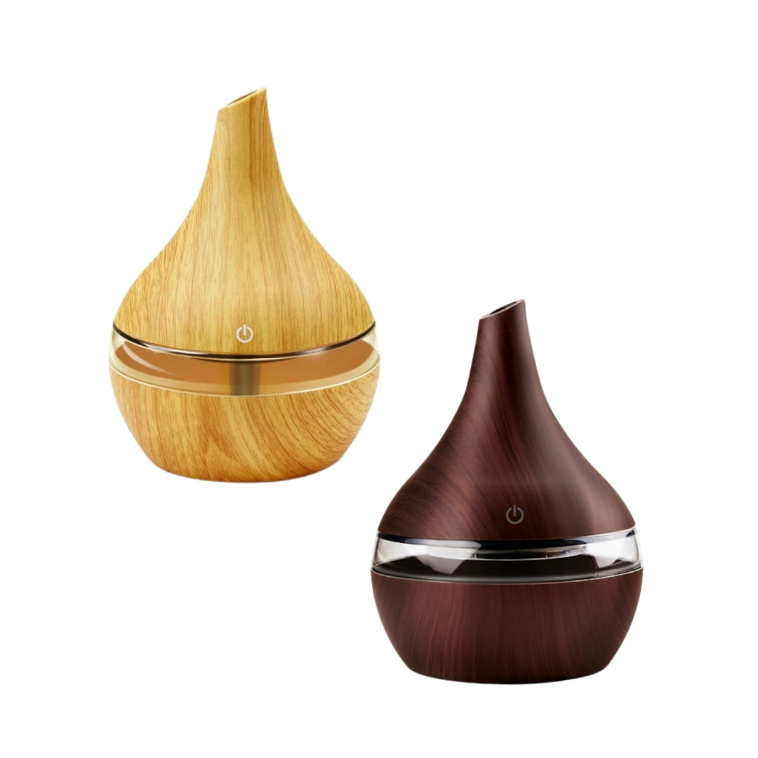 Humidificador ultrasónico 300ml con base de madera y luces LED de colores