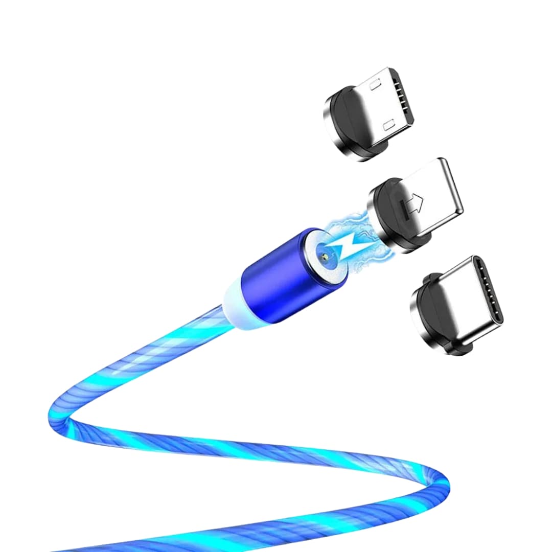 Cable magnético LED 3 en 1 en color azul enrollado sobre superficie blanca.
