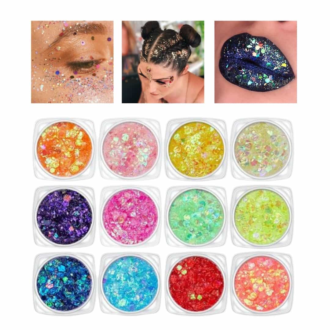 Set de 12 geles de purpurina holográfica UV LumiGlow en envases transparentes