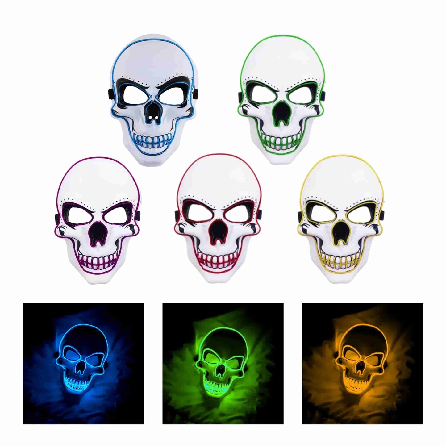 Máscara LED calavera LumiSkull Xtreme en color azul eléctrico, con diseño futurista y luces brillantes para Halloween y fiestas