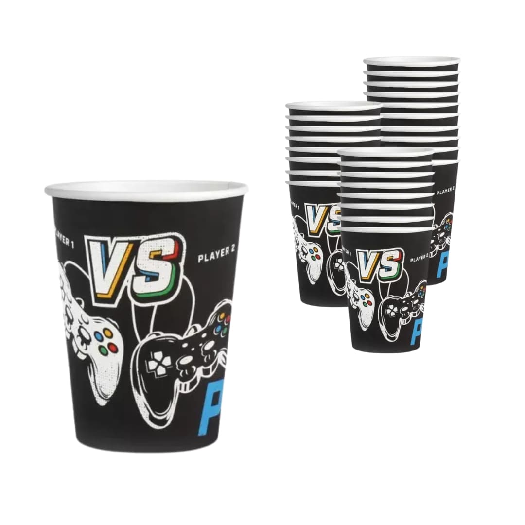 Vasos gamer de cartón ecológico 250 ml con diseño 'GAME', pack de 12 para fiestas temáticas