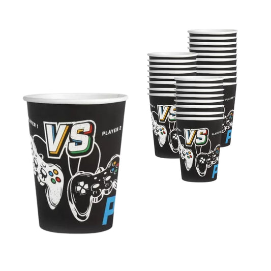Vasos gamer de cartón ecológico 250 ml con diseño 'GAME', pack de 12 para fiestas temáticas