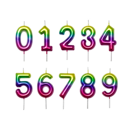 Set completo de velas metálicas números arcoíris 10 cm para pasteles de cumpleaños