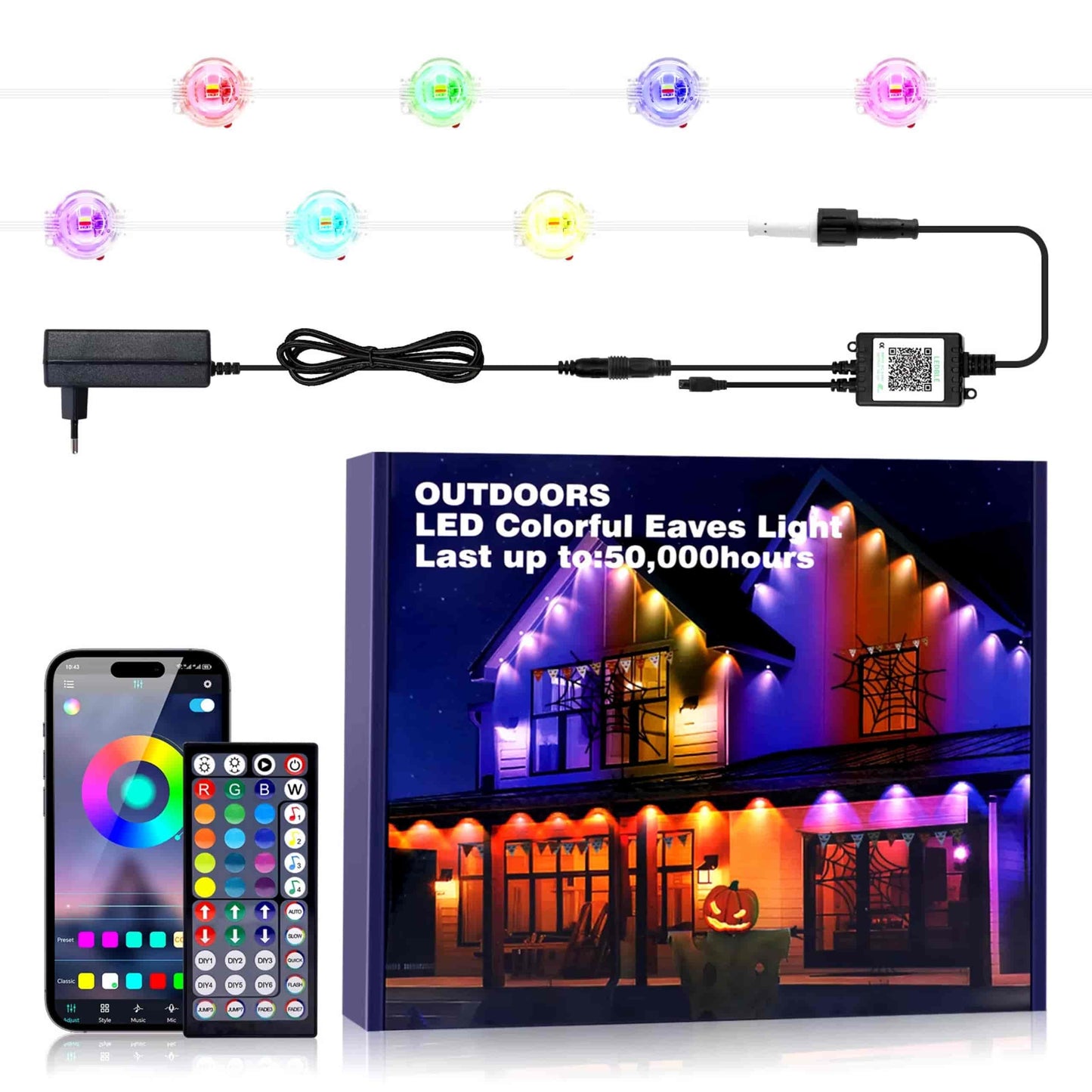 Guirnalda LED exterior RGB IP65 encendida en terraza nocturna
