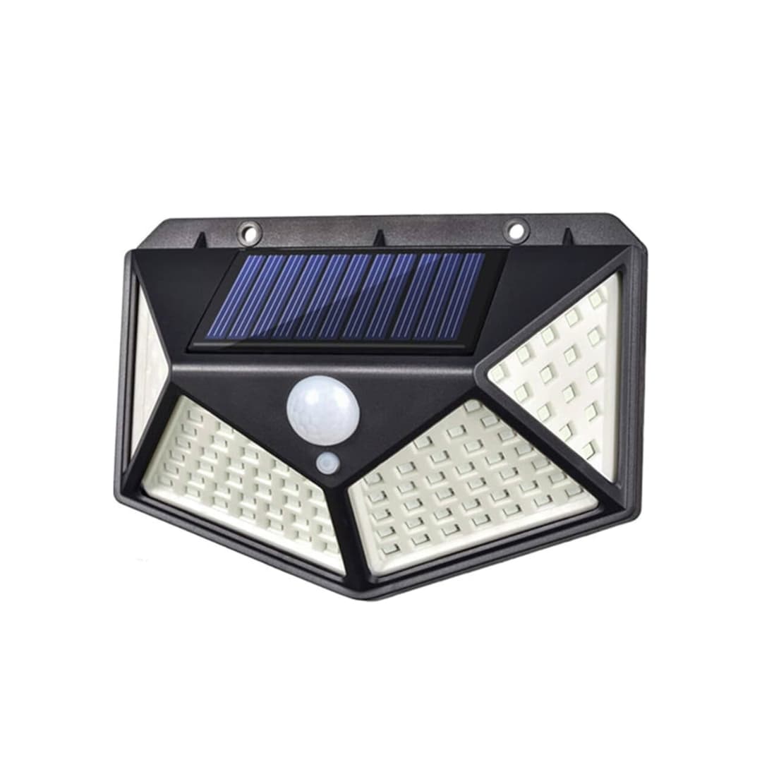 Lámpara solar LED 100 LEDs montada en pared de jardín iluminando entrada