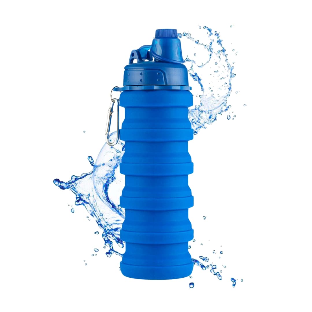 Botella plegable de silicona azul de 500 ml con mosquetón metálico para colgar