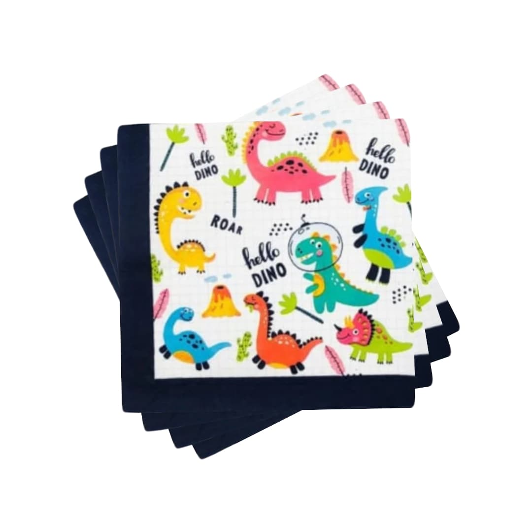 Servilletas Hello Dino 33 cm con diseño de dinosaurios sobre fondo azul marino, pack de 12