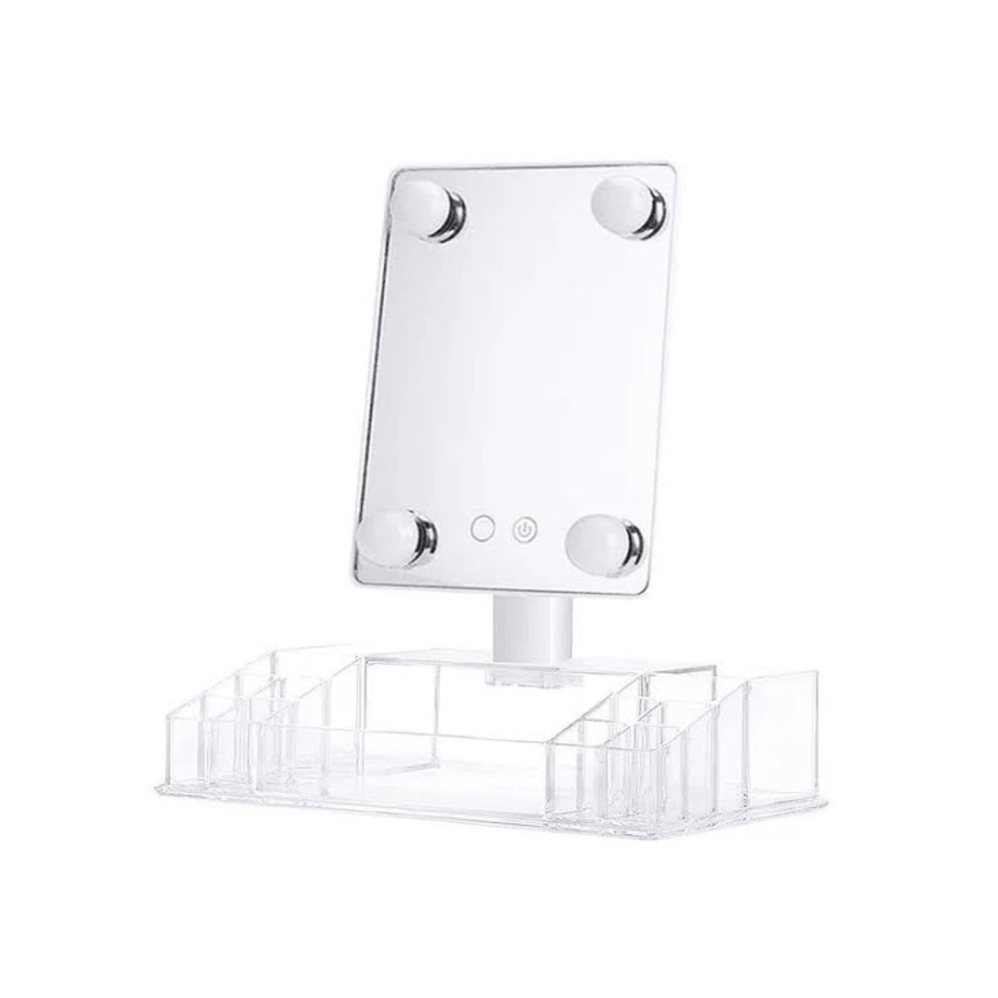 Espejo giratorio 360° con luces LED y organizador transparente para cosméticos