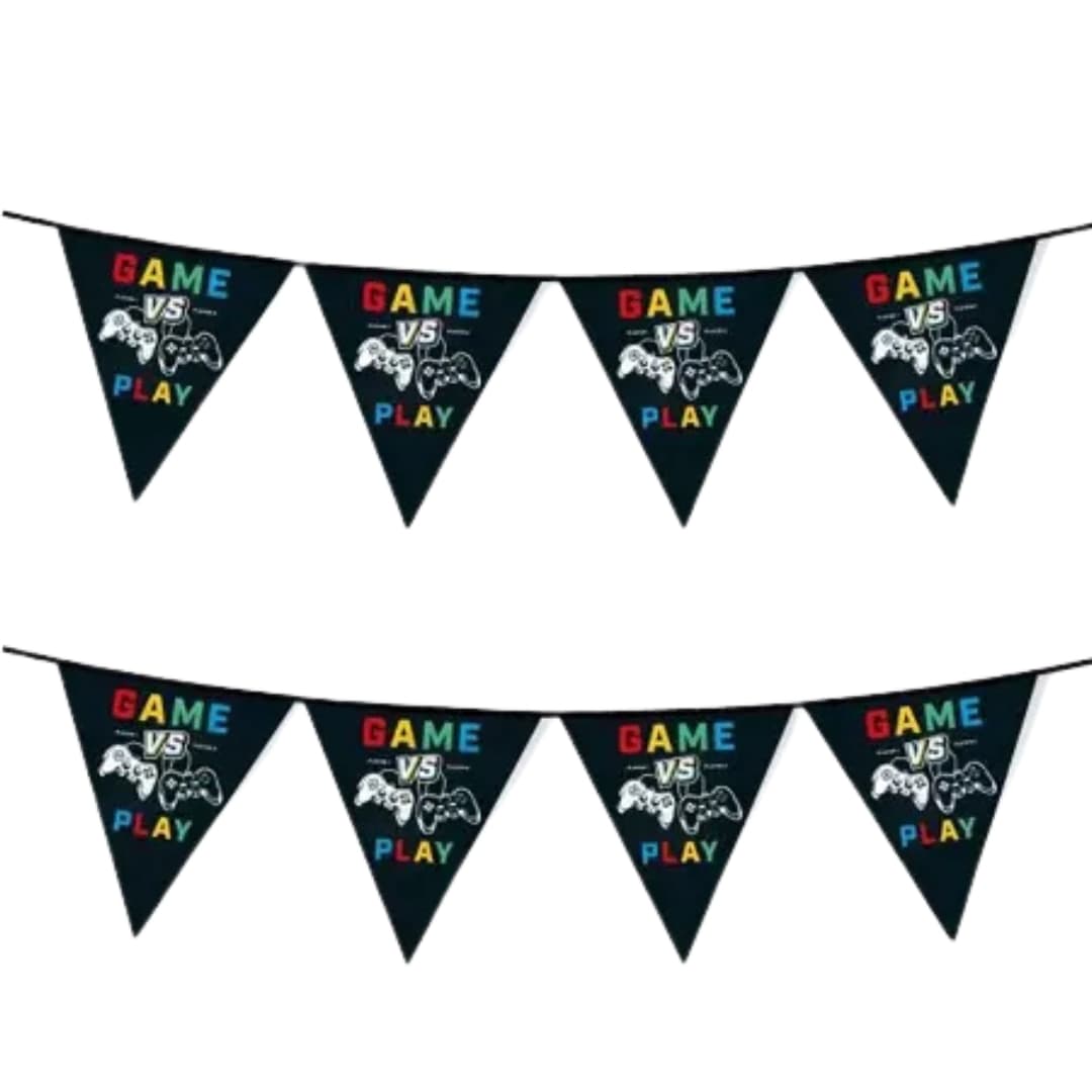 Banderines gamer de cartón laminado 20x15 cm, diseño multicolor de consolas clásicas