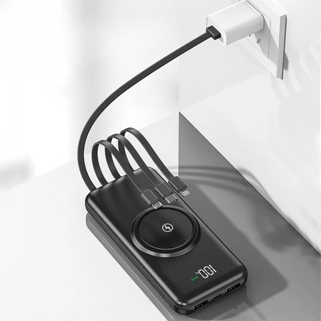 Vista frontal del power bank con pantalla LED de porcentaje