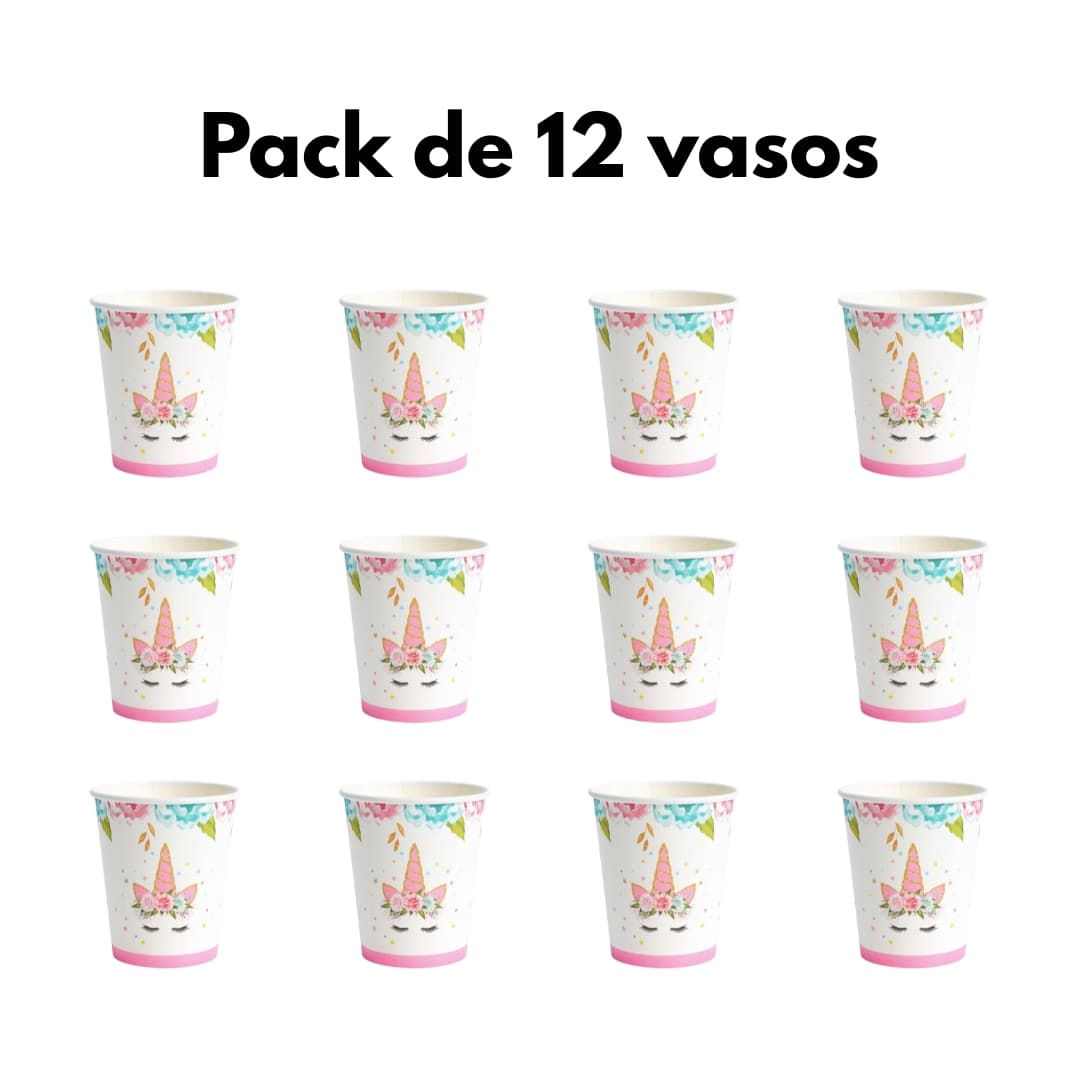 Vasos ecológicos con ilustración de unicornio y flores, ideales para cumpleaños mágicos
