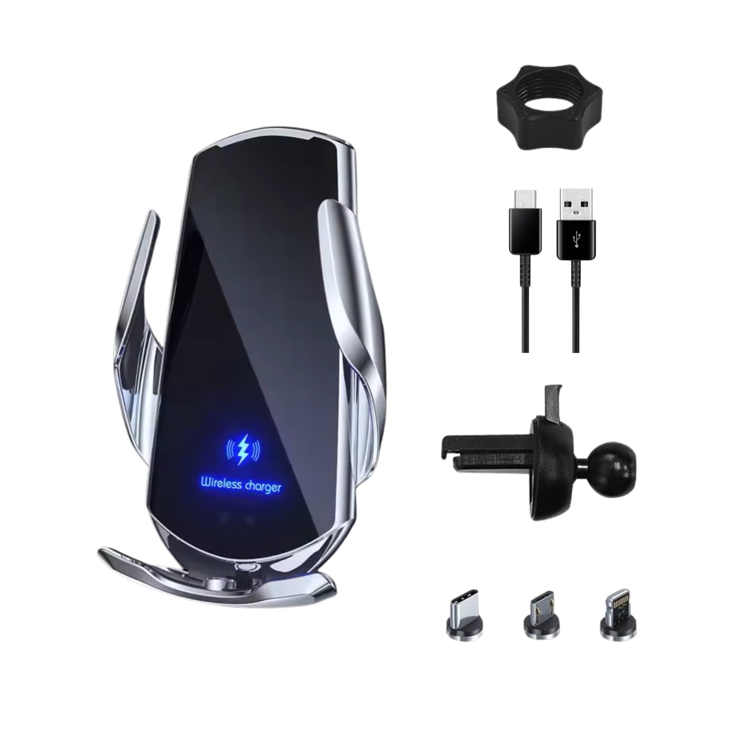 Soporte de móvil con sujeción automática y carga rápida.