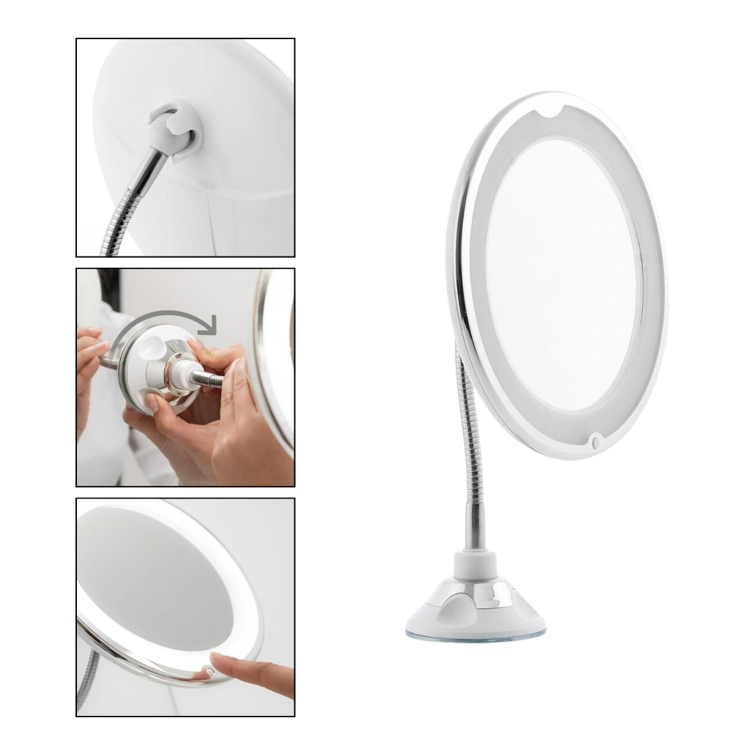Detalle de ventosa de sujeción del espejo LED con aumento x5 en superficie lisa