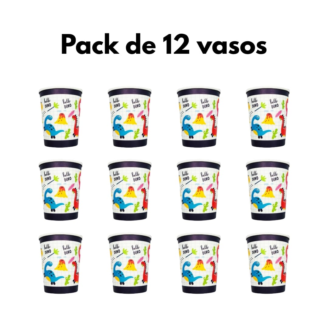 Vasos biodegradables Hello Dino con ilustraciones de dinosaurios, ideales para fiestas infantiles