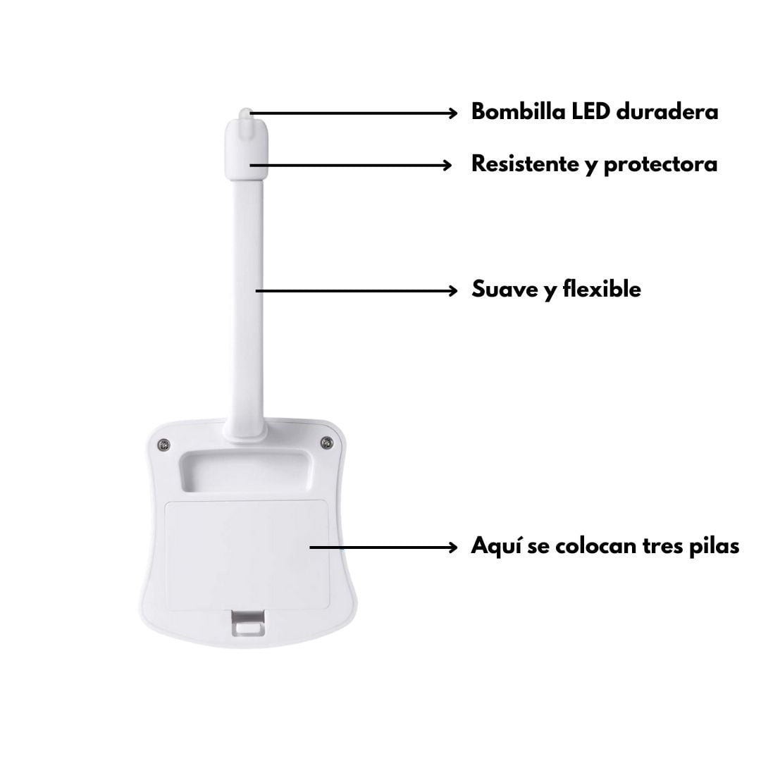 Vista lateral de luz LED para inodoro mostrando diseño compacto y brazo flexible