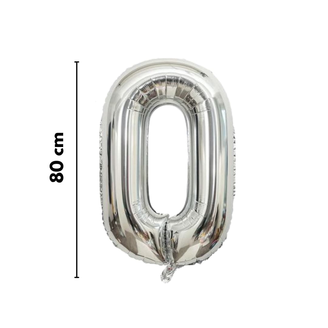 Globo metálico número 0 plateado de 80 cm, ideal para fiestas y aniversarios