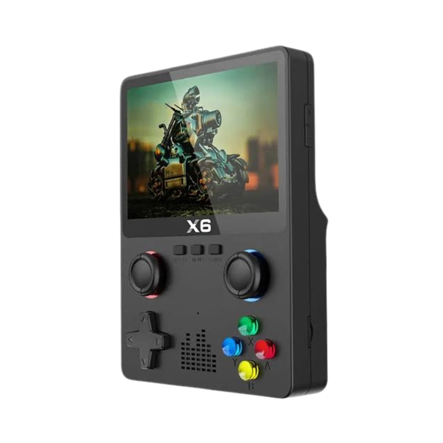 Vista frontal de la consola X6 con doble joystick y botones A/B/X/Y