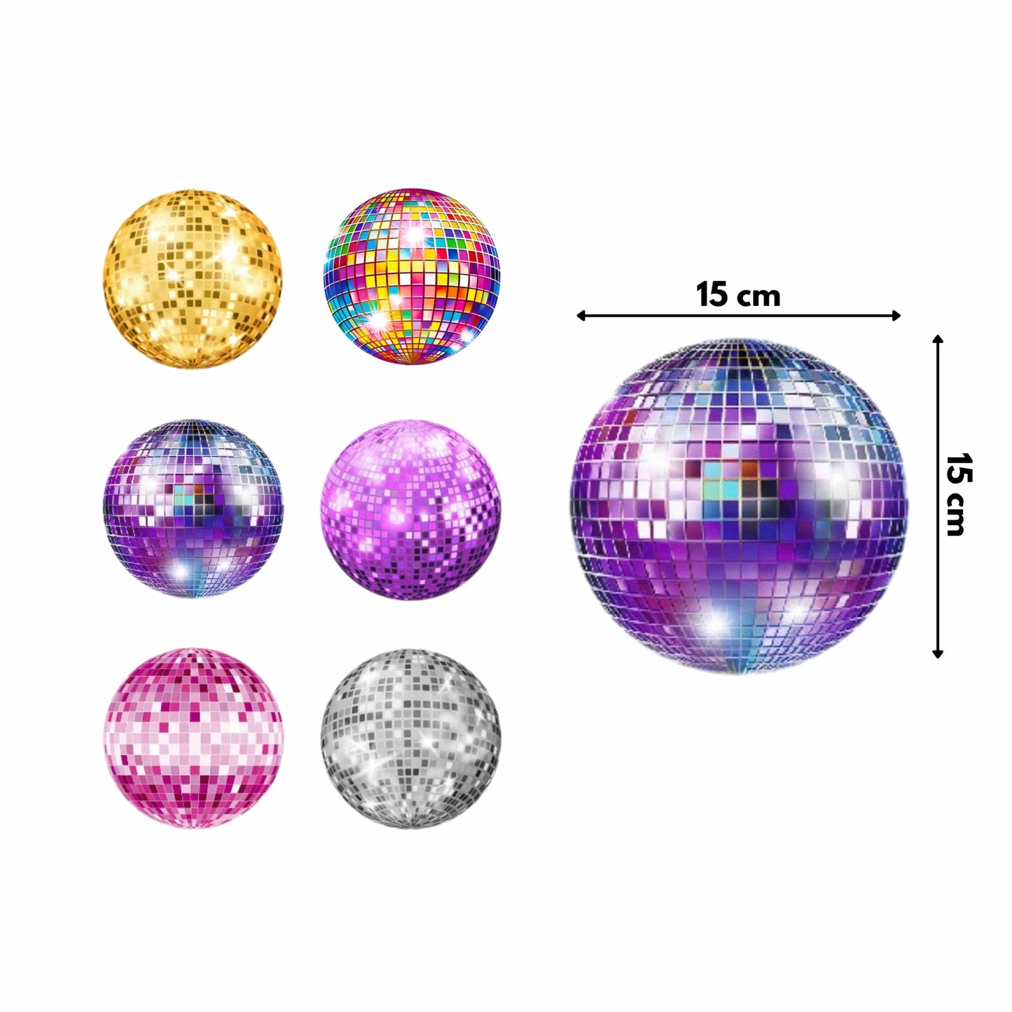 Detalle de bolas de espejo plateadas incluidas en el kit de decoración disco, reflejando luces para un ambiente festivo